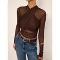 thumbnail image 6 of Long Sleeve Mesh Crop Tops for Women Criss See Through Sheer Ruched Blouse Slim Fit Tee Shirt Brown M, 6 of 10