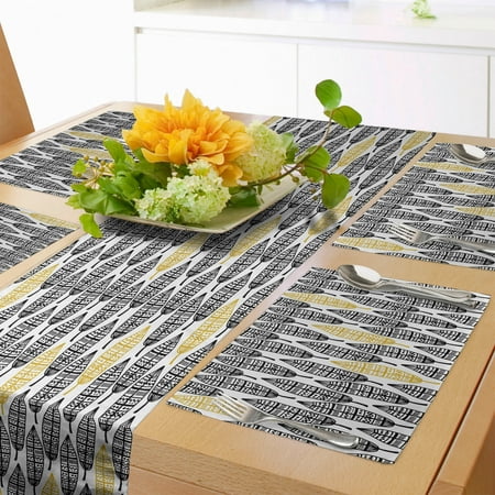 

Feather Table Runner & Placemats Hand Drawn Repeating Pattern Ornate Feathers Style Set for Dining Table Decor Placemat 4 pcs + Runner 12 x72 Black White Mustard by Ambesonne