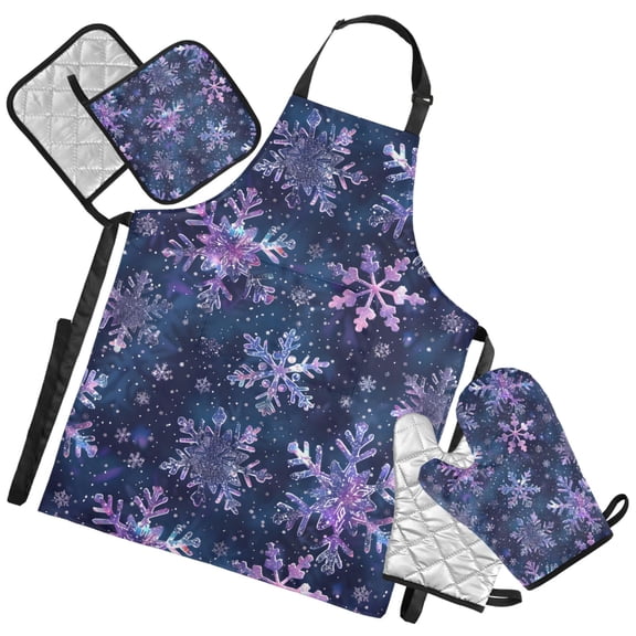 Ryvnso Purple Snowflakes Kitchen Apron Oven Mitts Set Pot Holders