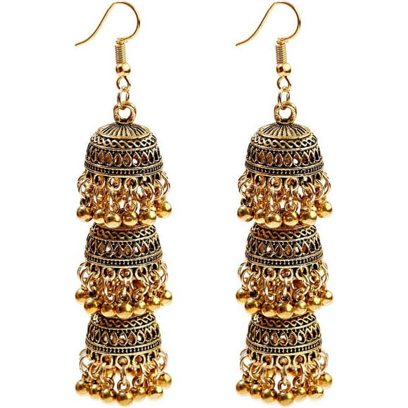 PinesC Vintage Ethnic Earrings Bohemian Long Bell Earrings Exotic Indian Earrings Jewelry for Women and Girls (Gold B)