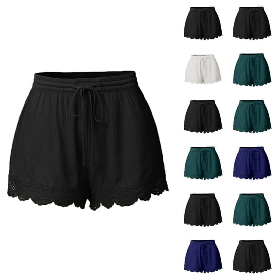 Shorts for Women Pack of 2 Summer Elastic High Waist Wave Lace Hem Wide Leg Relaxed Fit Casual Shorts