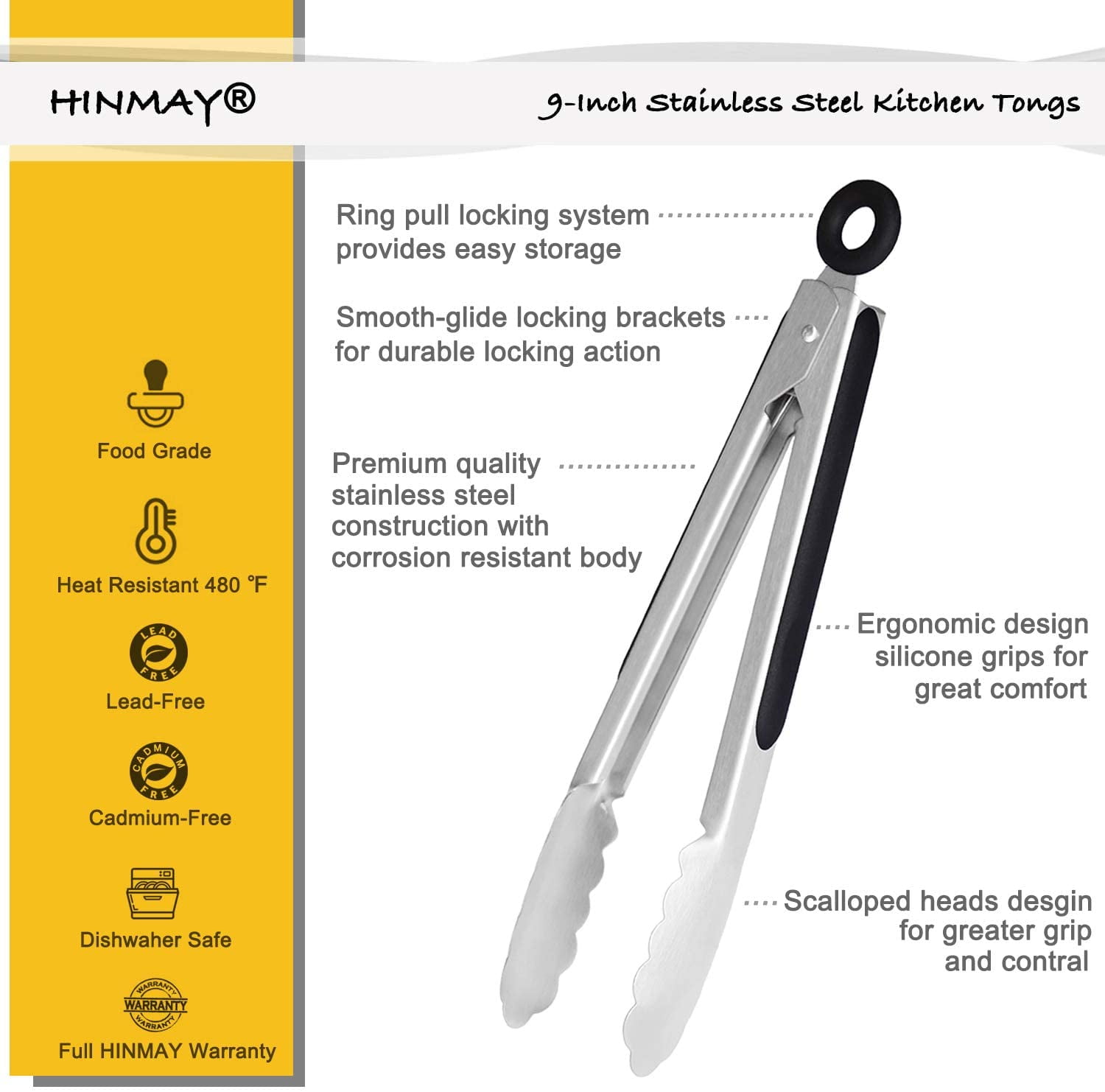 Set of 3 HINMAY 9-Inch Stainless Steel Cooking Tongs with Silicone Tips Black 