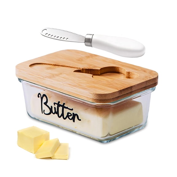 Glass Butter Dish with Airtight Lid – 440ml Butter Holder Keeper Container with Bamboo Cover & Stainless Steel Knife, Dishwasher Safe