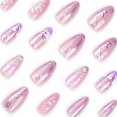 thumbnail image 3 of Sheer Pink Purple Accent Floral Pearl Press on Nails, Medium Almond Glossy Magic Mirror Powder Bubble Bead 3D Raised Detail, 24 Count, 3 of 7