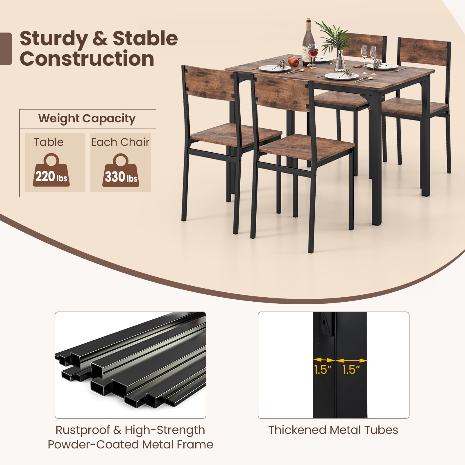 Costway 5-Piece Industrial Style Metal Dining Table Set with Kitchen Table and Chairs, Brown