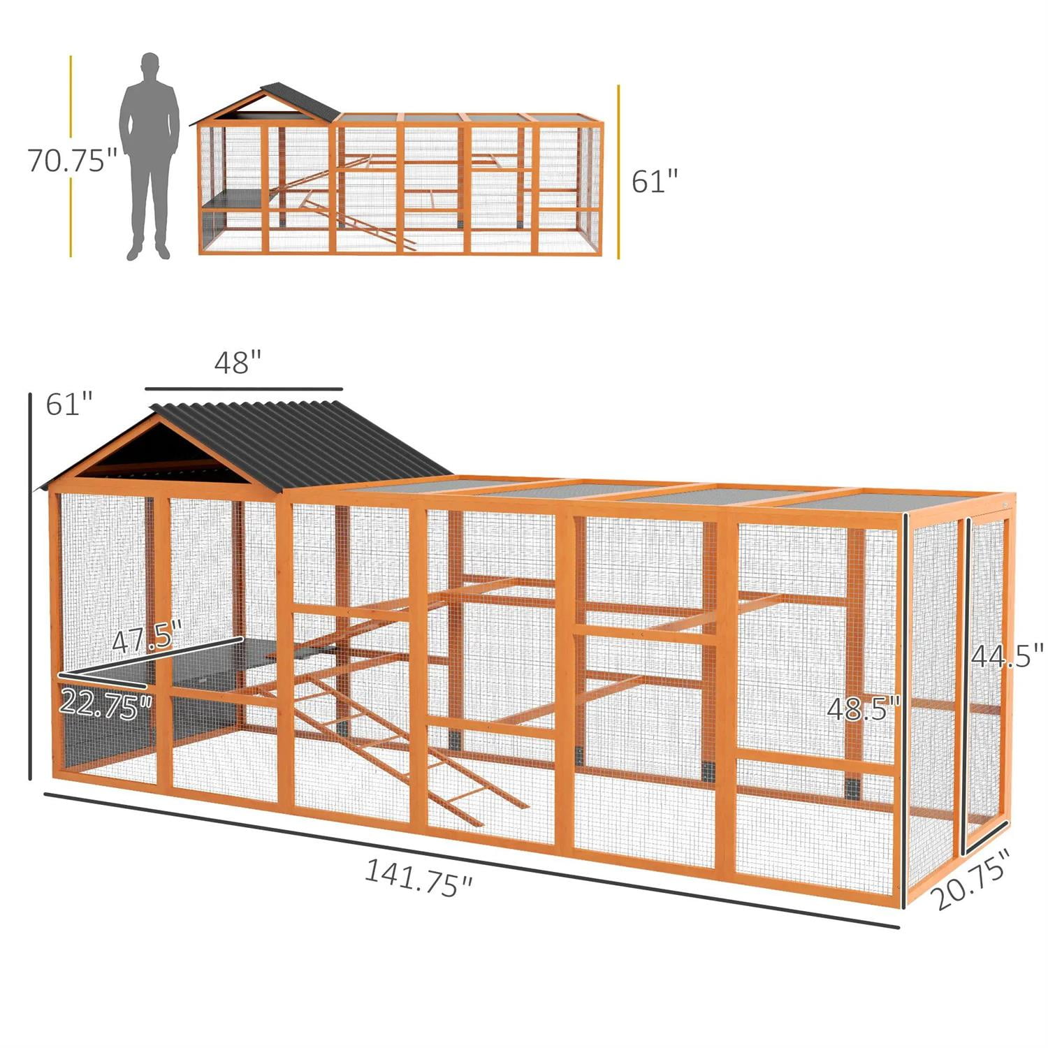 Pefilos 141" Large Chicken Coop Rabbit Hutch, Outdoor Wooden Poultry Cage Hen House Add-On with Storage, Perches for Garden Backyard, Orange