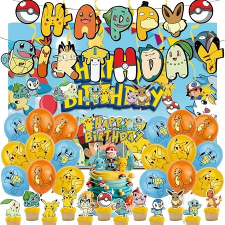 54 Pcs Pokemon Birthday Decorations, Pokemon Party Decorations, Pokemon Theme Party Supplies Include Banner, Balloons, Hanging swirls, Cake Topper, Cupcake Toppers, Ribbon and Backdrop