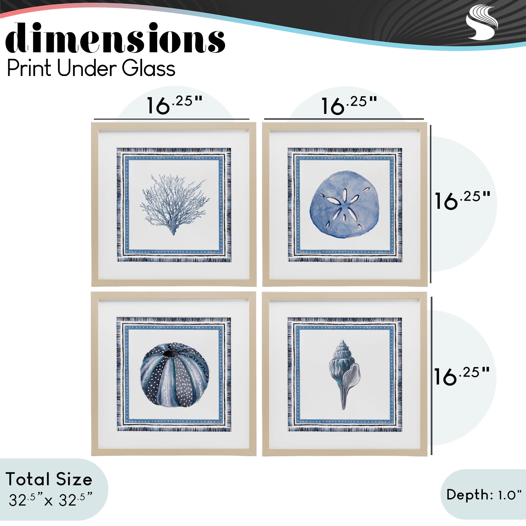 Stupell Industries Coastal Teal Bordered Coral 4 Piece Birch Framed Print Under Glass Set, design by Lanie Loreth