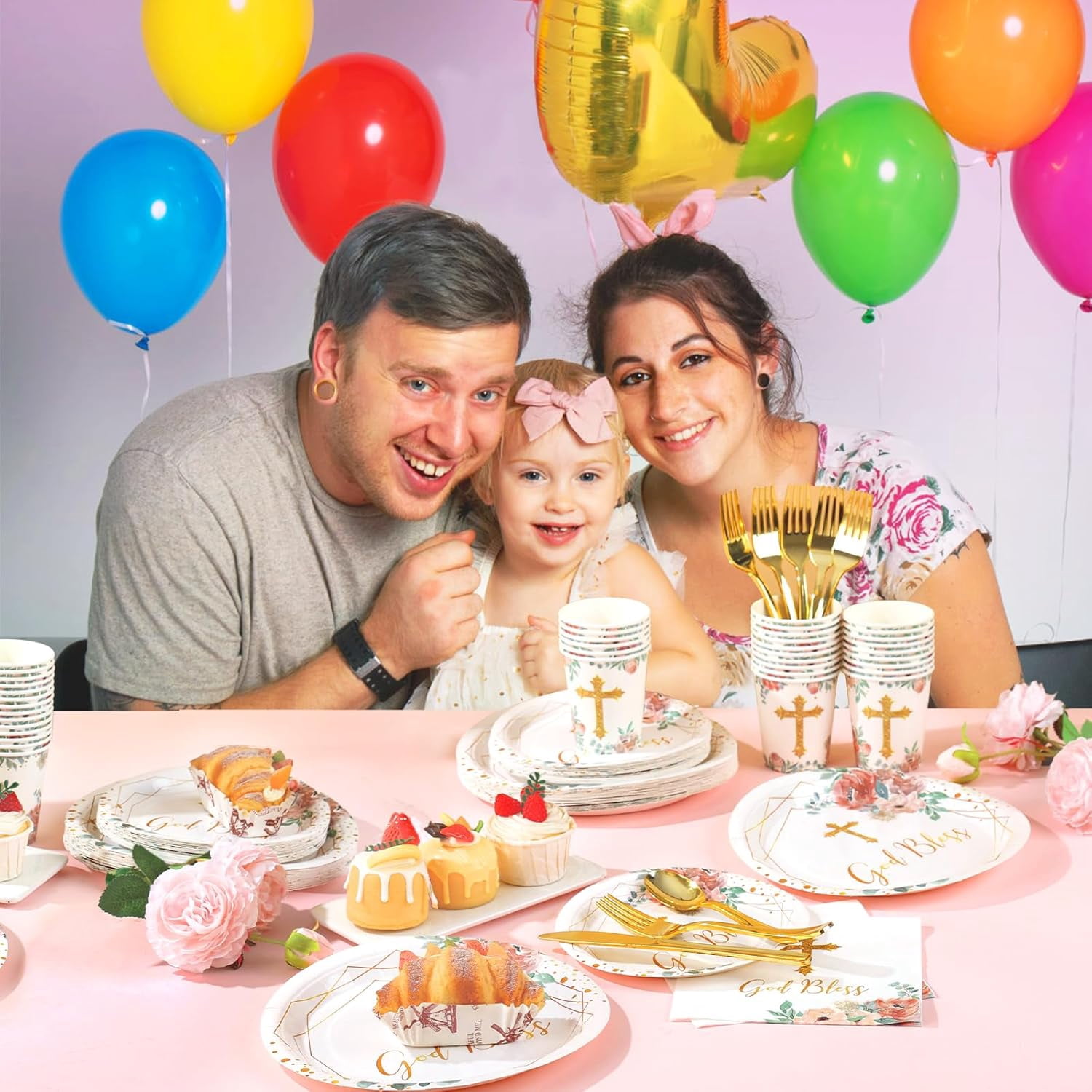 175 PCS Baptism Plates and Napkins Party Supplies - Baptism Decorations for Girls - God Bless Disposable Paper Plates First Communion Plate for Christening Baby Shower Party Decorations
