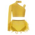 thumbnail image 2 of Lejafay Girls Glittery Rhinestones Dance Outfits One Shoulder Mock Neck Crop Top with Feather Briefs Dancewear Yellow 10, 2 of 6