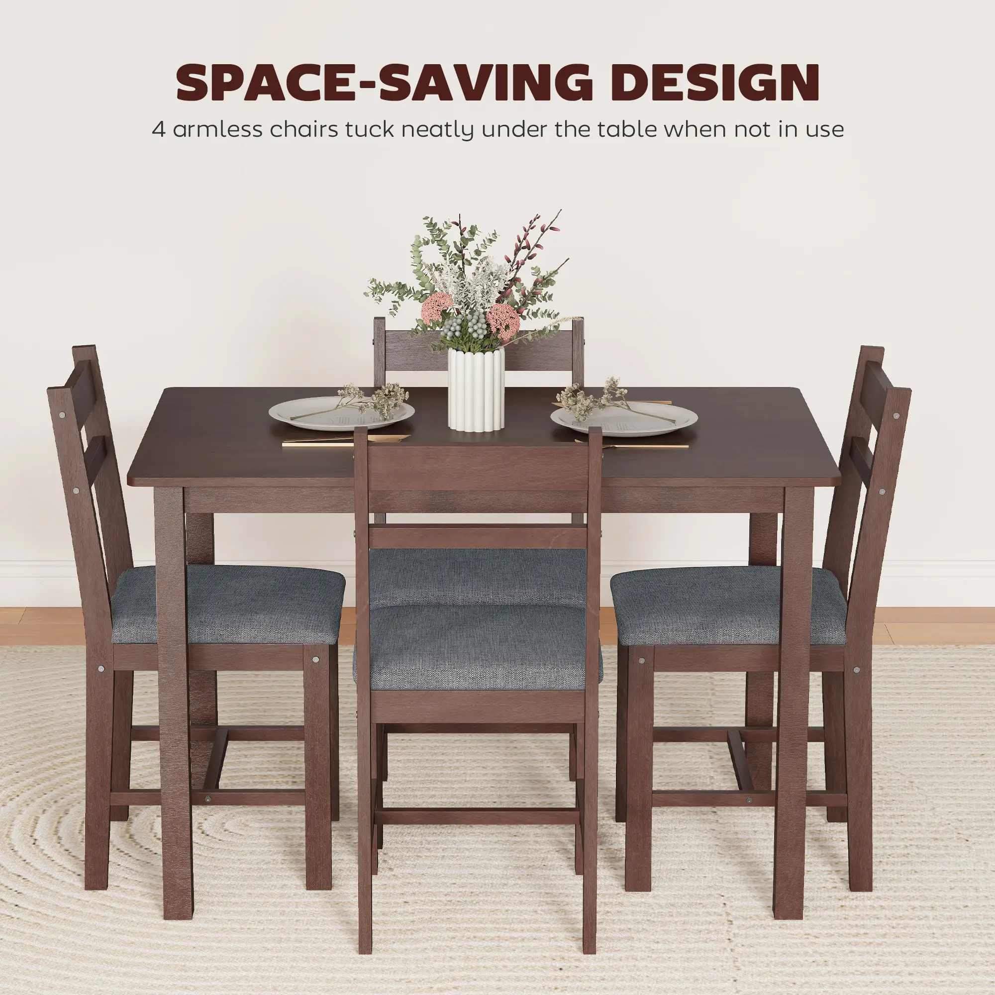 5-Piece Dining Room Set for 4, Rubberwood Table and Chairs with Linen Upholstery, Gray/Walnut
