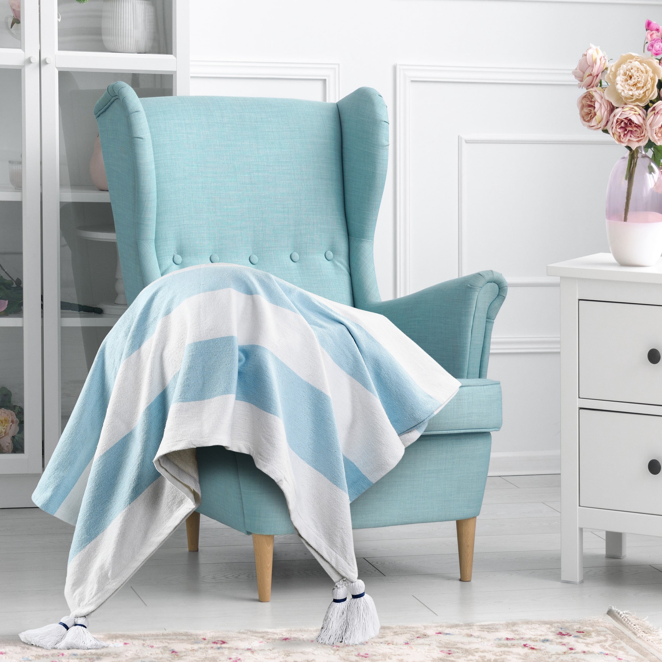 Ox Bay Aqua Blue Striped Cotton Throw Blanket, 50" x 60"