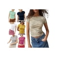 thumbnail image 4 of Yunliwuli Women's Summer Slim Crop Tops Solid Color/Stripe Short Sleeve Round Neck T-Shirt Streetwear, 4 of 9