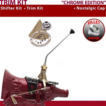American Shifter TH200 Shifter Kit Chrome 12 in. Trim Kit Push Button Cap Tan Boot Billet Knob for F188B