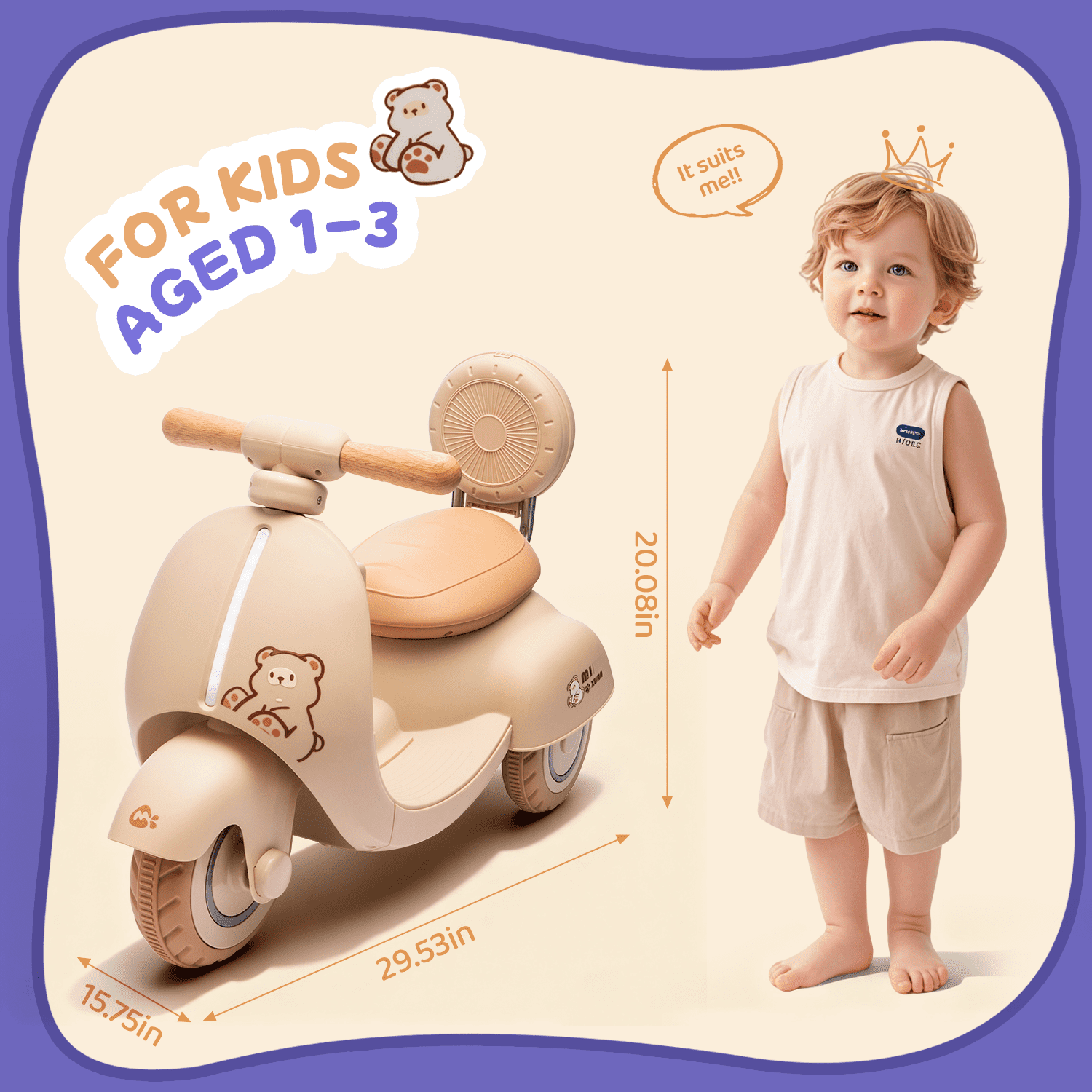 Track Seven 12V Ride on Motorcycle, 3-Wheel Toddler Electrc Scooter with Remote Control, Bluetooth, Wide Seat, Wooden Handle, Slow Start, Electric Motorycle for Boys Girls Aged 1-3 Years, Beige