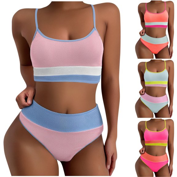 HVOBTTY Ladies Fashion Swimsuit, Summer Bathing Suits for Women, Women's Casual Solid Color Backless Bottoms Beach Vacation 2 Piece Bikini Bathing Set with Wireless Pads Pink, XL