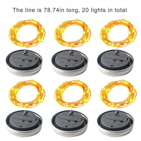 

6 Pack Jar Lights with Hangers(NO Jars)2M 20LED Solar Warm White Fairy String Lights Lids Insert for Garden Deck Patio Party A2