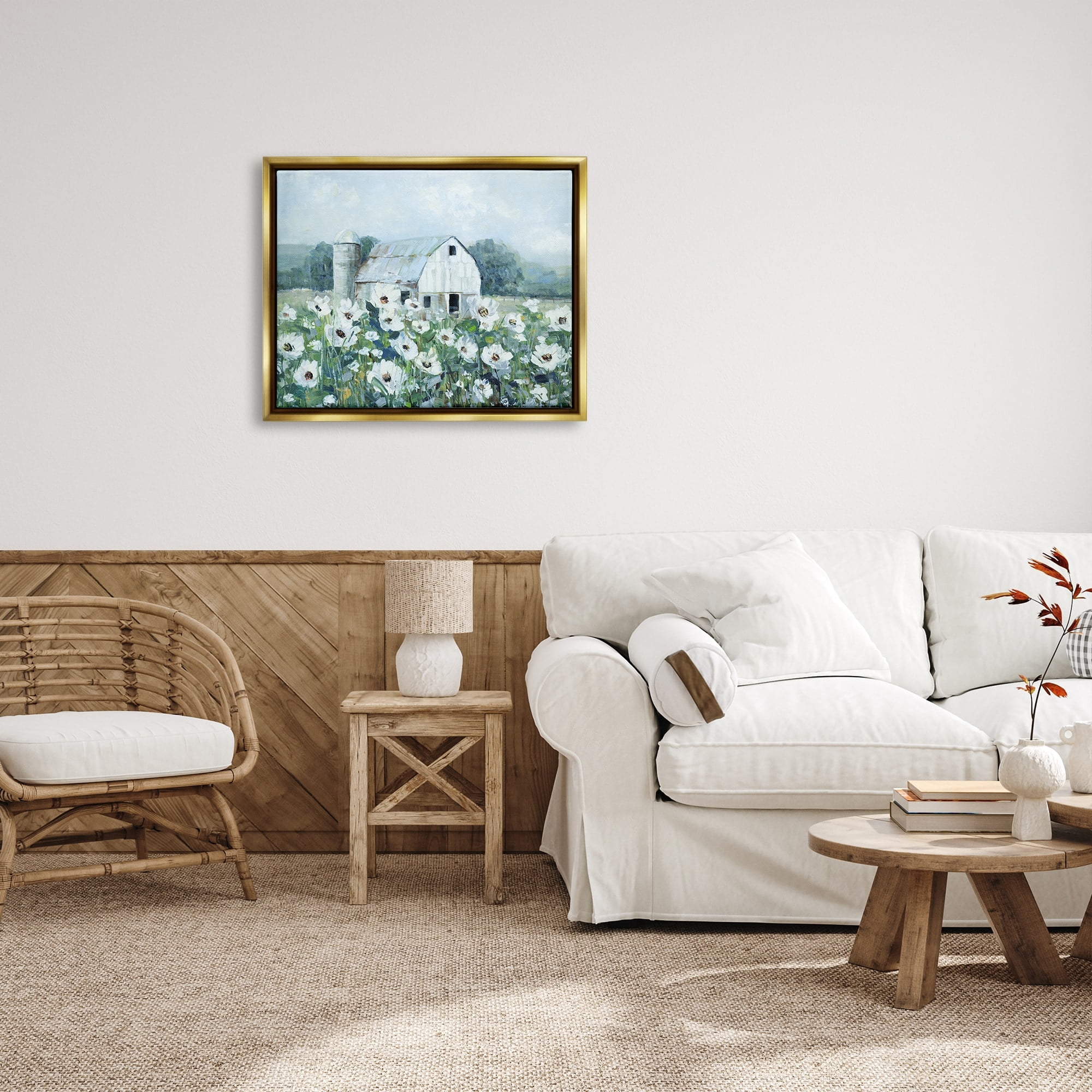Stupell Industries Rural Anemone Flower Meadow White Farmland Barn Painting Metallic Gold Floating Framed Canvas Print Wall Art, Design by Sally Swatland