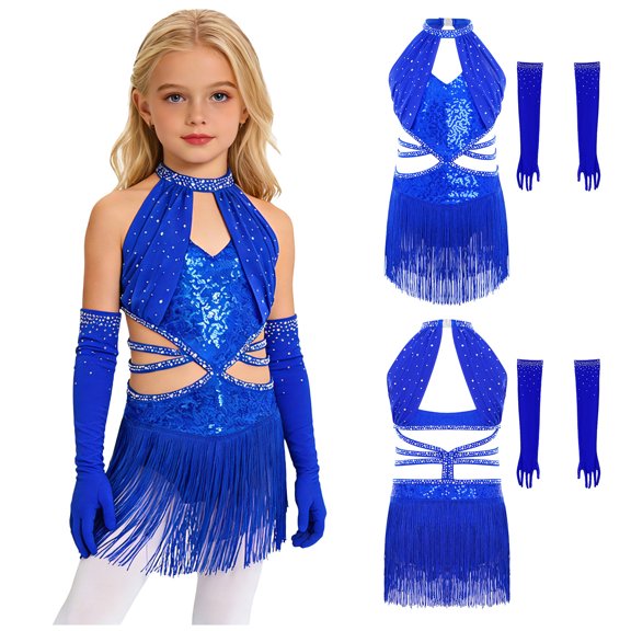 iiniim Girls Cutout Waist Fringe Sequin Dress with Gloves Gymnastics Leotards Latin Dancewear Royal Blue 6