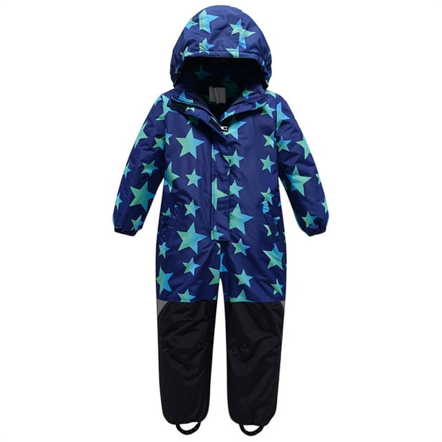 Breezora Windproof Waterproof Snowsuit For Children Thickened Thermal Ski Overall With Removable Hood And Pockets 90 Size Blue
