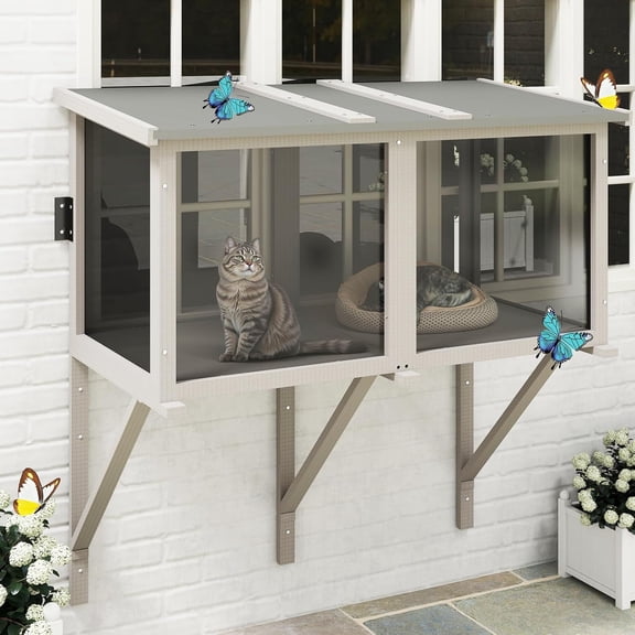 PETSCOSSET Outdoor Window Catio Enclosure with Mesh, Wooden Small Pet Perch House Hammock, All-Weather Design