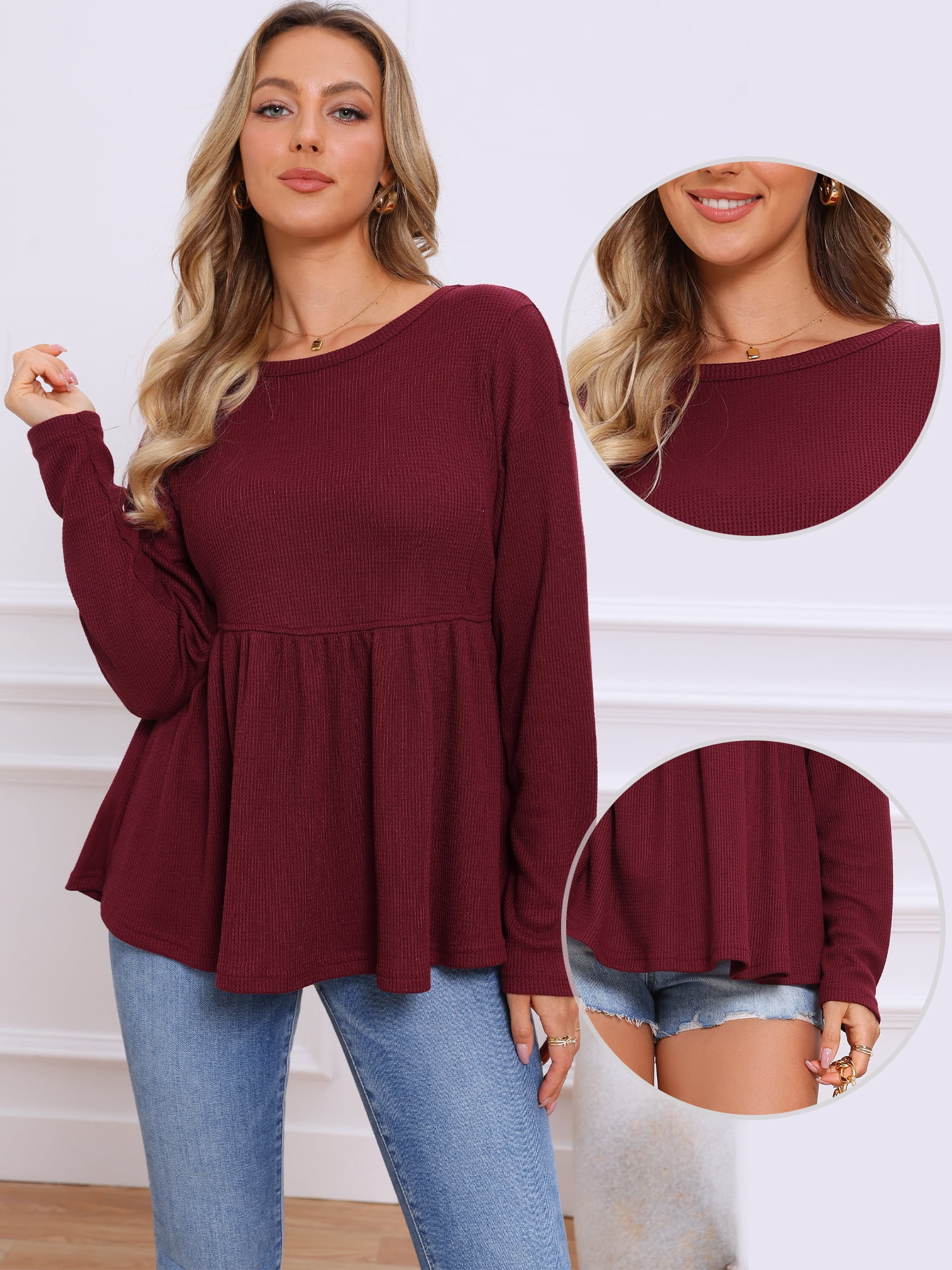 DARING DIVA Women's Waffle Knit Top Long Sleeve Babydoll Peplum Blouses L Burgundy