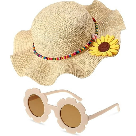 Summer Straw Hat for Girls Large Brim Sunflower Beach Hat Cute Flower Sun Hat with Flower Round Sunglasses