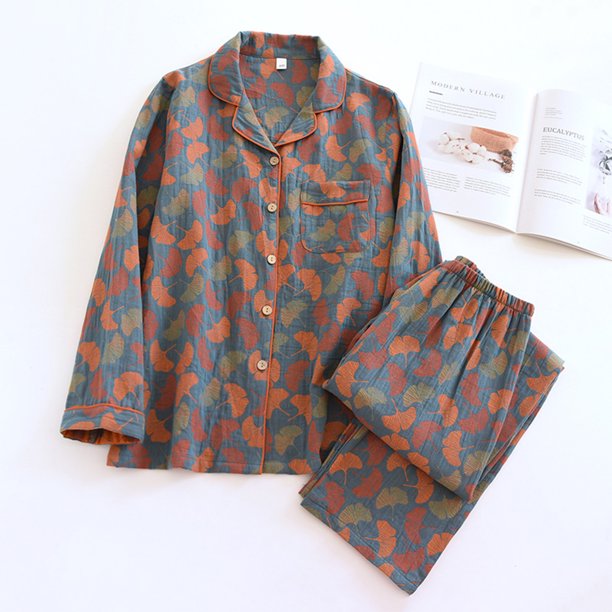Pijamas Navideñas Trajes de 2 piezas para mujer Ropa de estar por casa con estampado de hojas y flores Ygjytge azul retro*gingko T XL para Mujer