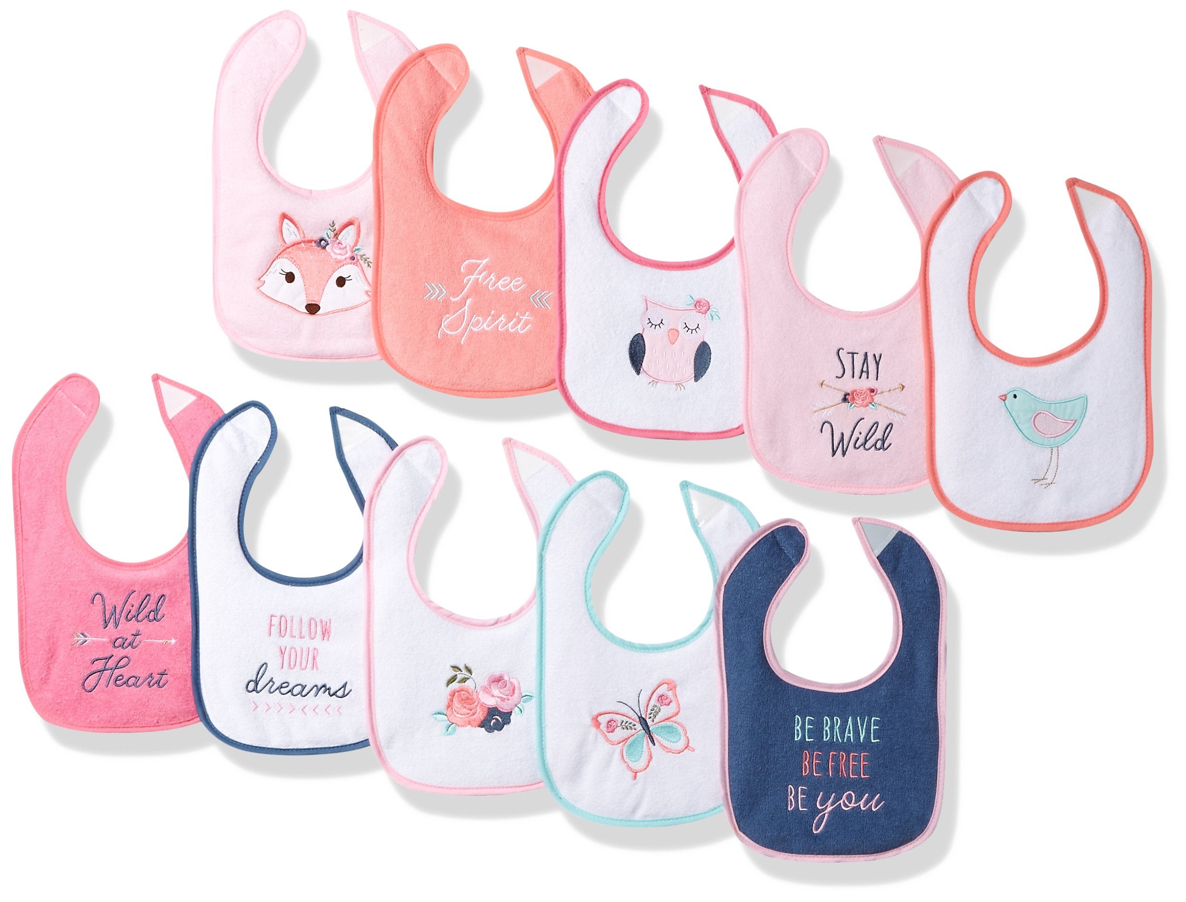 Hudson Baby Infant Girl Cotton Terry Drooler Bibs with Fiber Filling 10pk, Girl Fox, One Size