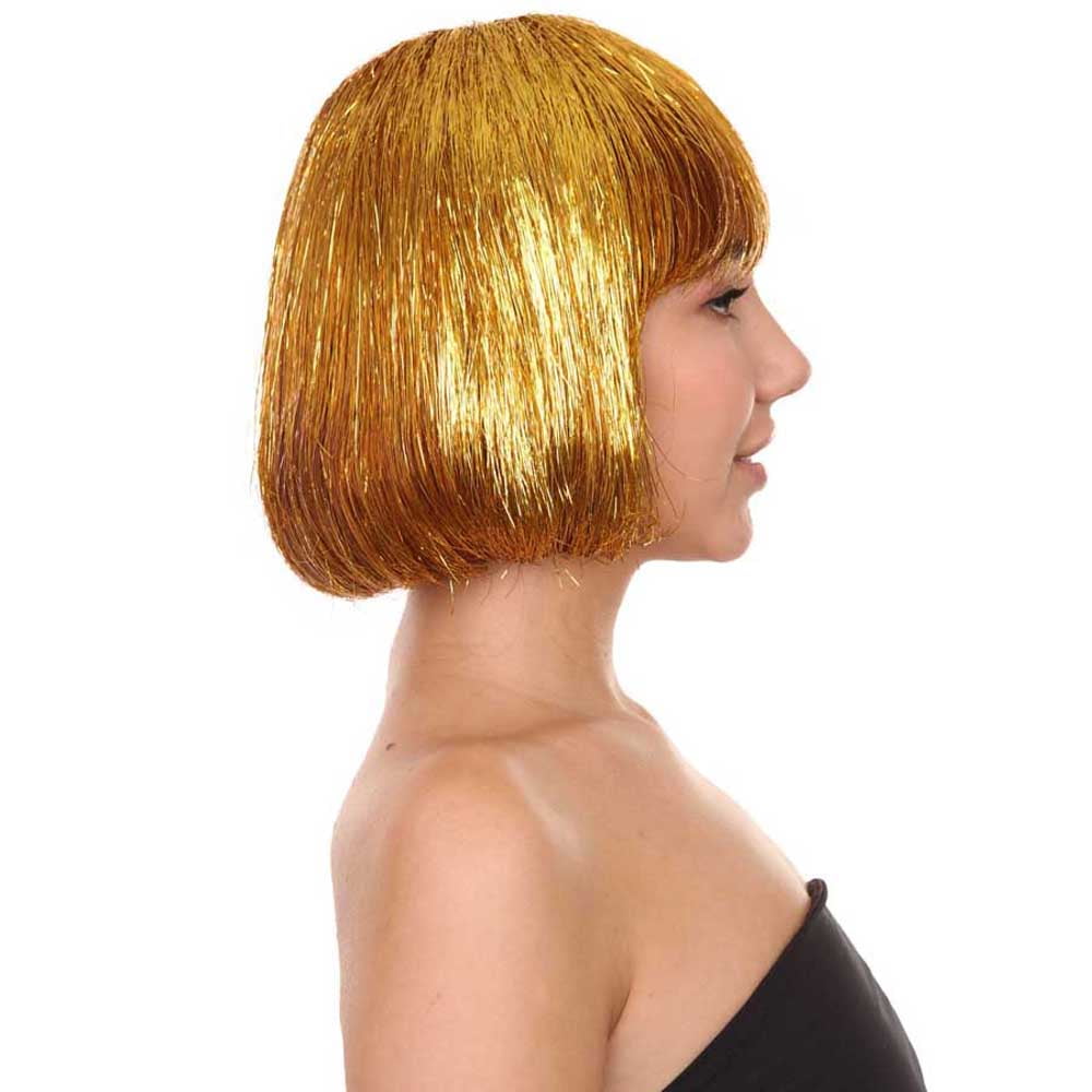 HPO Adult Women's Gold Tinsel Bob Wig | Breathable Capless Costume Hair | Festival & Party Wig