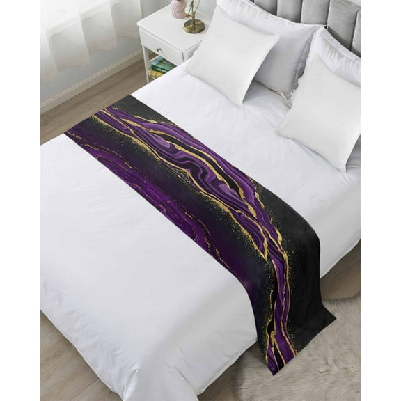 Bed Runner Scarf for Queen Size Bed, Marble Black Beds Scarf Throws for Foot of Bedding, Purple Gold Art Abstract Vintage Farmhouse Decorative Beds Runners for Bedroom Guestroom, 83"x20"