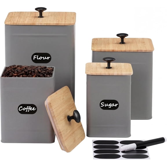 Kitchen Canisters, Airtight Canister Sets for Kitchen Counter, Kitchen Canisters for Countertop Set of 4, Coffee Tea Sugar Flour Spice Tin Jars Food Storage Container with Lid(Grey)