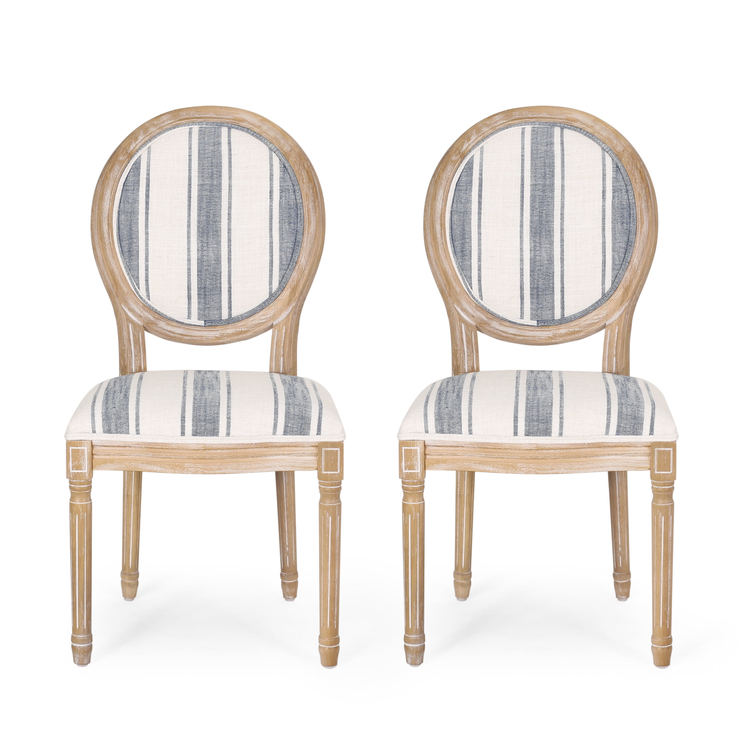 Lariya French Country Fabric Dining Chairs, Set of 2, Dark Blue Stripes