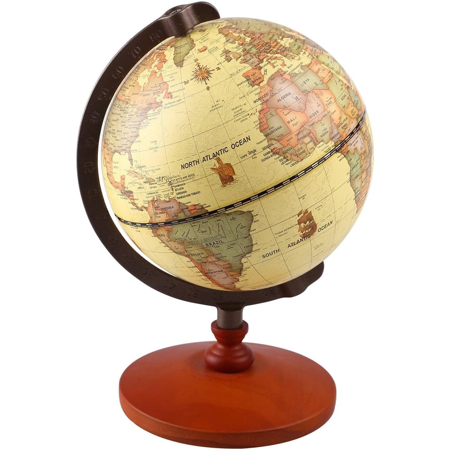 Antique brass 8" world map table globe office decor with wooden tripod stand 