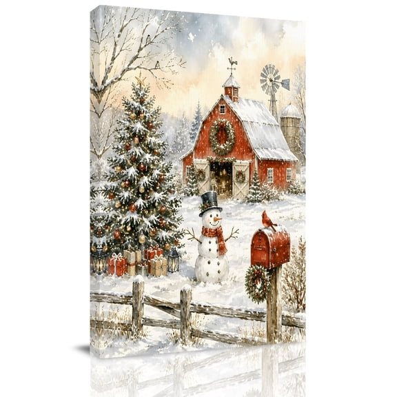 Canvas Wall Art, Christmas Farm Framed Canvas Prints for Living Room Office, Xmas Tree Snowman Barn Winter Country Extra Large Gallery Wrapped Wall Decor for Home Office, Gifts, 24"x32" Ship Next Day