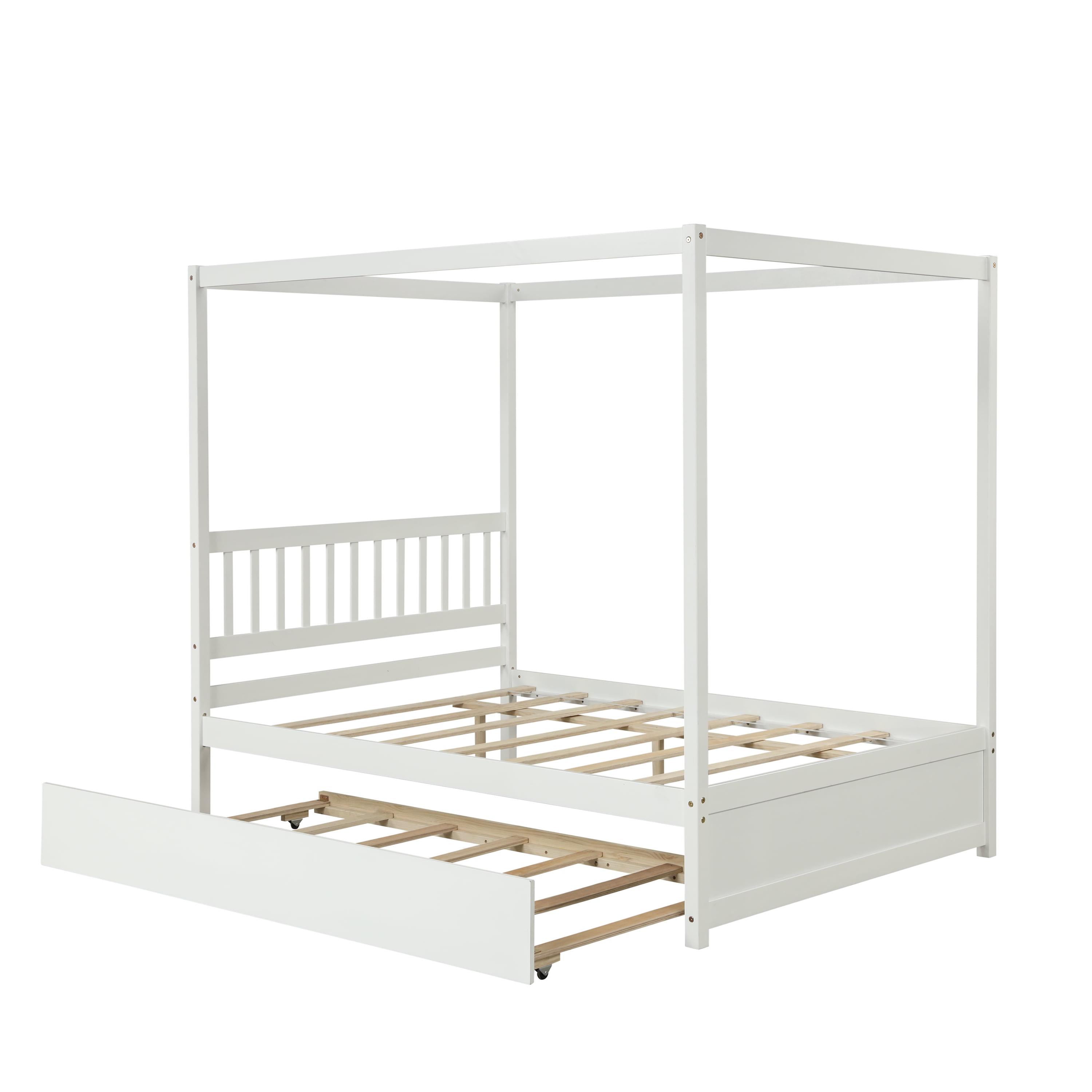 Aukfa Canopy Bed Full Size Platform Bed with Trundle, Solid Wood Bed Frame for Kids, Teens, Adults - White