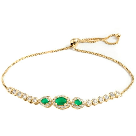 Pori Jewelers Green CZ 18kt Gold-Plated Sterling Silver Circle Friendship Bolo Adjustable Bracelet