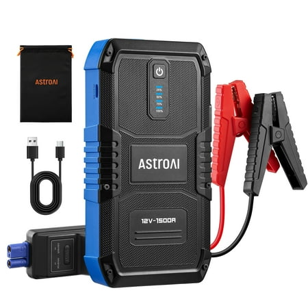 astroai car jump starter portable, 1500a peak 12v battery jump starter with jumper cables car battery charger, battery booster power pack, jump boxes, up to 6.0l gas/3.0l diesel