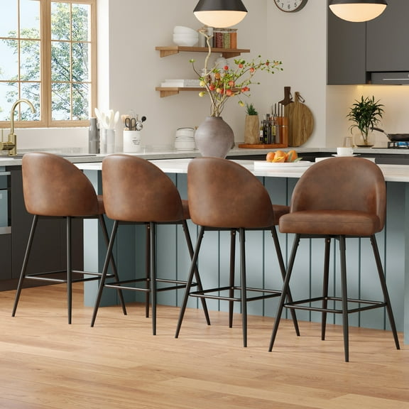 JULY'S SONG Counter Height Bar Stools with Back Sets of 4, 360°Swivel Upholstered Barstools with Metal Legs, 27" Seat Height Bar Stool for Kitchen Island, Faux Leather in Brown