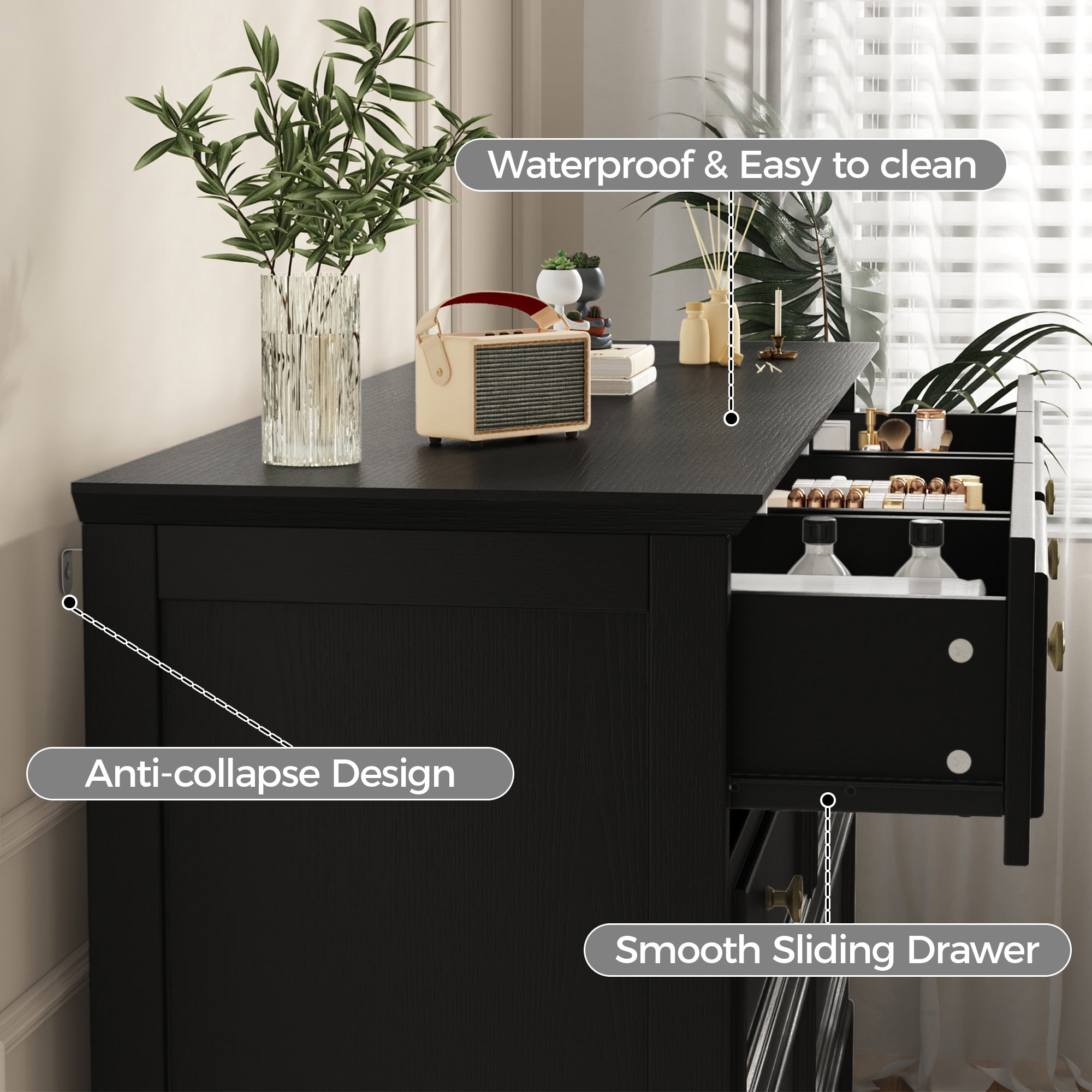 IDEALSOUL Black Dresser, 9 Drawer Dresser with Round Metal Handle, 47.2" Retro Wood Storage Cabinet with 6 large drawer and 2 Small drawer for Living Room, Bedroom, Hallway