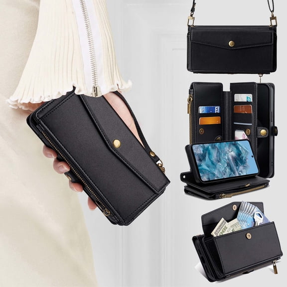 Compatible with Google Pixel 10A Crossbody Wallet Case,Flip Folding Kickstand,With Card Slots,Long Strap&Short Strap,Zipper Pocket,Shockproof Heavy Duty PU Leather Phone Case,Black