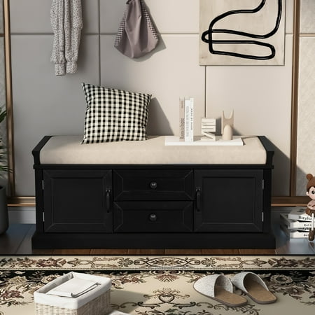 

Suzicca Storage Bench with 2 Drawers and 2 cabinets Shoe Bench with Removable Cushion for Living Room Entryway (Black)