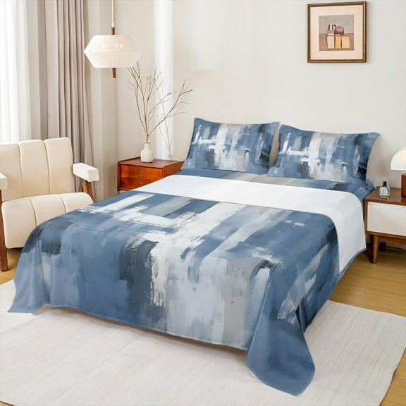 Manfei Retro Oil Painting Twin Sheet Sets 3pcs, Abstract Watercolor Art Twin Fitted Sheet, Blue Gray Ombre Flat Sheet, Luxury Bedroom Decor