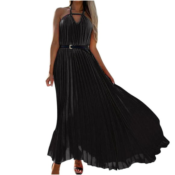 Women's Sexy Halter Neck Sleeveless Hollow Out Solid Bohemian Maxi Dresses Loose Pleated Flowy Long Holiday Dress