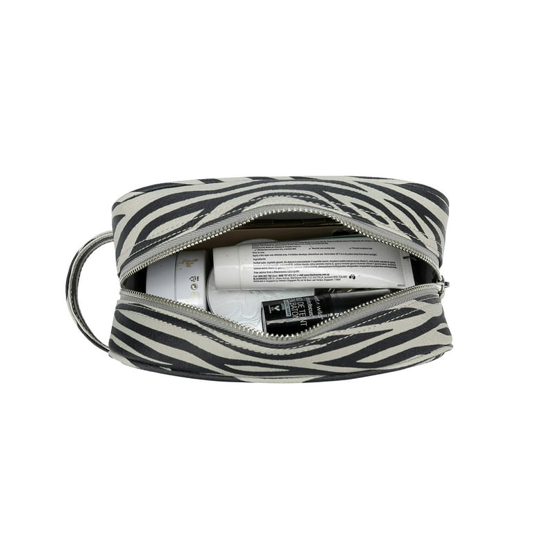 Daisy Rose Cosmetic Toiletry Bag PU Vegan Leather Travel Bag Grey Zebra