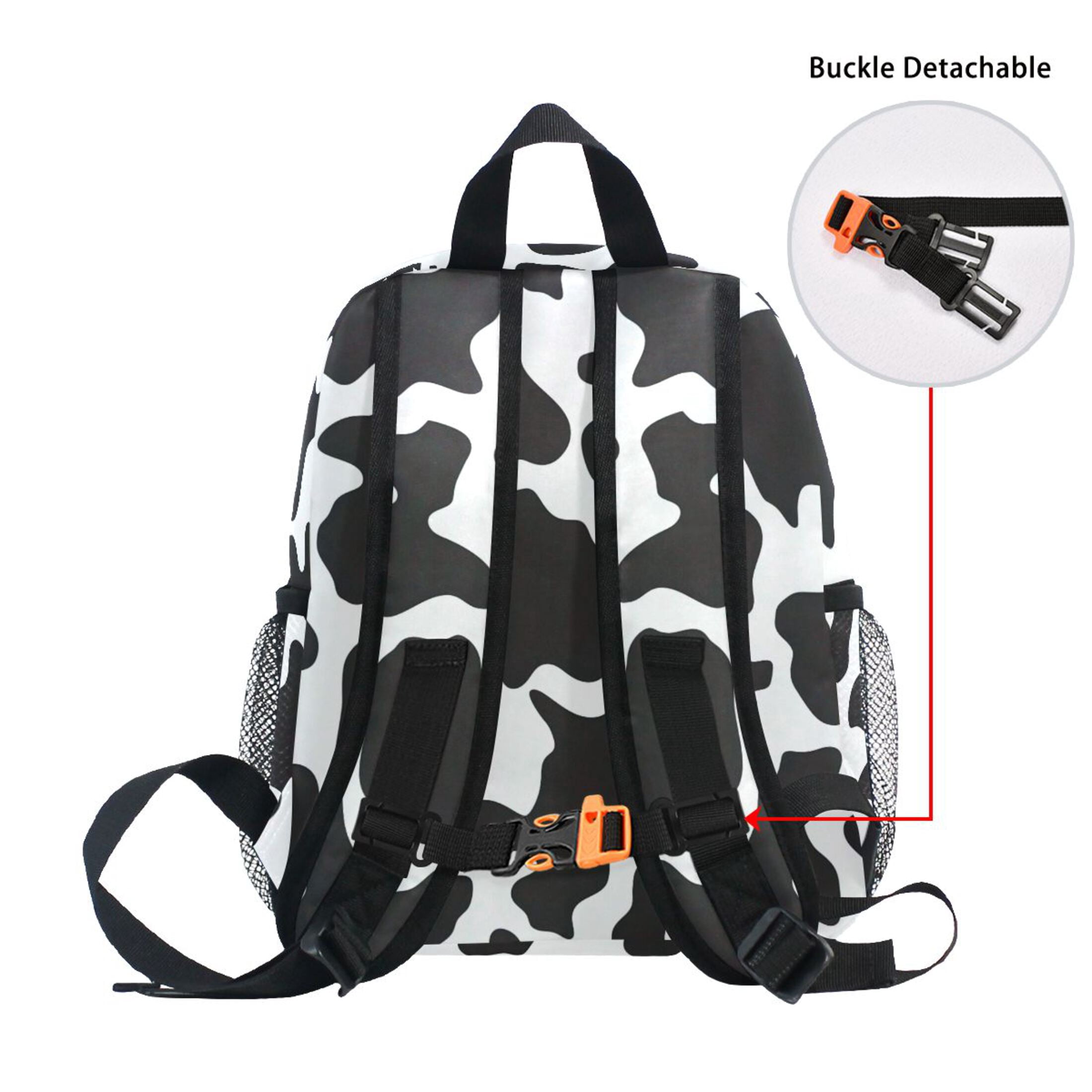 Black White Cow Print Pattern Mini Backpack Cute Small Backpack with Chest Strap and Whistle Ages 3-8