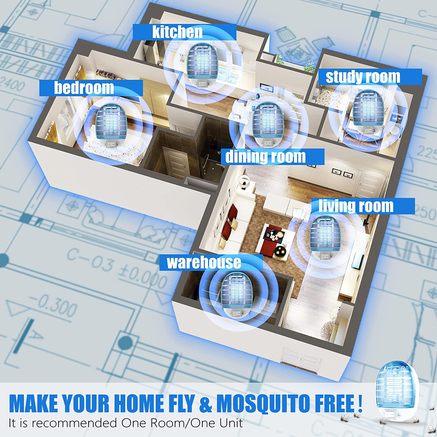 Bug Zapper Indoor, Electronic Fly Trap Insect Killer, Mosquitoes Killer Mosquito Zapper with Blue Lights for Living Room, Home, Kitchen, Bedroom, Baby Room, Office(2 Packs)