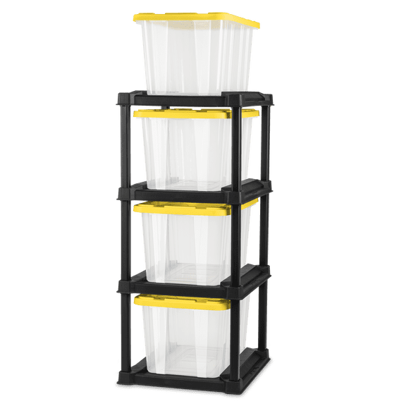 Sterilite 4-Tier Tote Rack with 4 27-Gallon Clear Storage Totes Bundle, Heavy-Duty Garage Organization