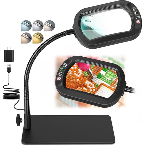 Rectangle Magnifying Glass with Light and Stand, Real Glass Lens 5 Color Modes Stepless Dimmable, LED Lighted Desk Lamp, Hands Free Flexible Gooseneck Magnifier for Reading Crafts Close Work