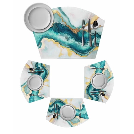 Abstract Marble Round Placemats Set of 6, Turquoise Abstract Golden Foil Texture Placemats for Round Dining Table Shape Wedge Placemats for Outdoor Indoor Wipeable Clean Table Place Mats